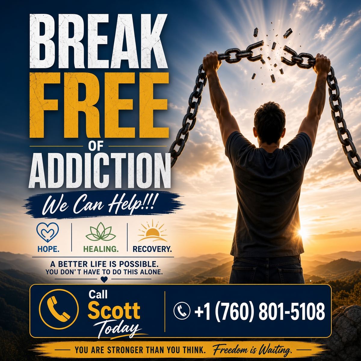 A man breaking free from chains at sunrise